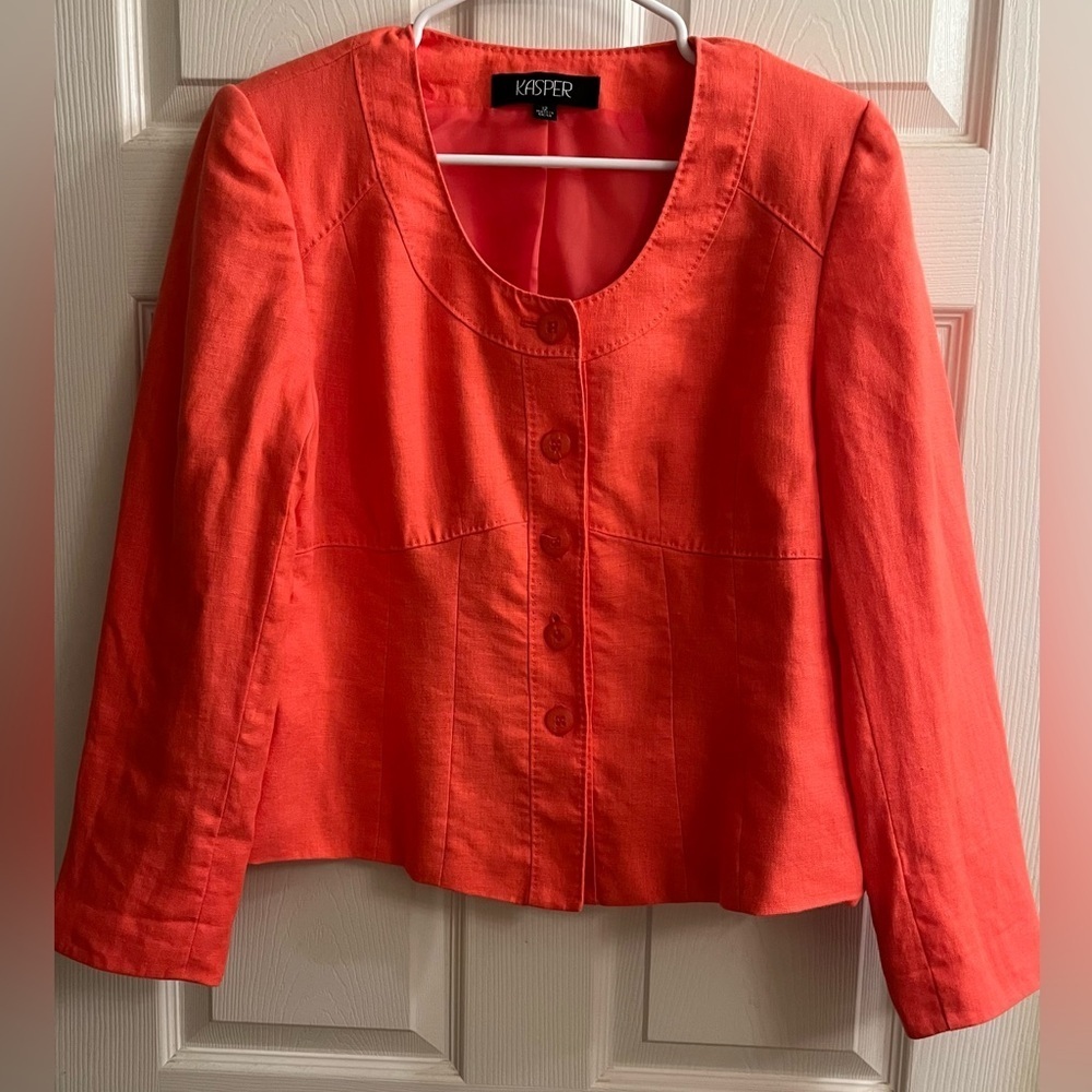KASPER~100% LINEN~CROPPED BLAZER~CORAL~12